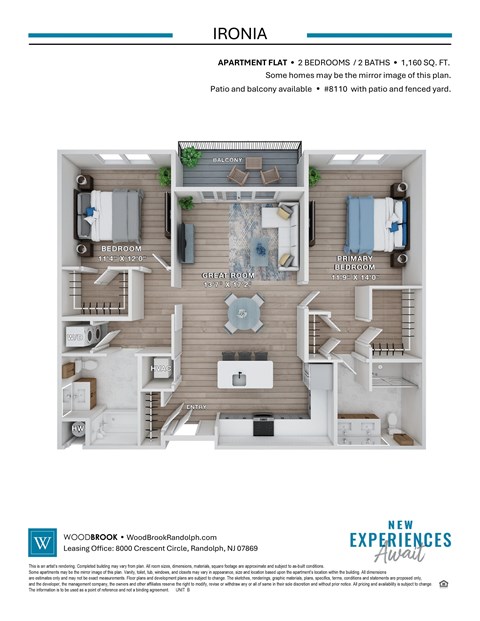 Floor plan for 2 beds, 2 baths, 1160 sqft